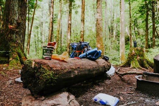 A cozy camping setup in a forest with backpacks and food supplies on a tree log.